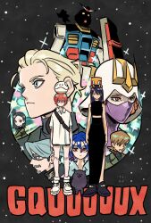 4boys 4girls amate_yuzuriha black_hair black_shirt black_skirt blonde_hair challia_bull char_aznable comoli_harcourt conch_(gundam) copyright_name full_body gundam gundam_gquuuuuux haro helmet highres kycilia_zabi long_skirt mecha mobile_suit multiple_boys multiple_girls nyaan_(gundam_gquuuuuux) red_hair robot rx-78-2_gundam science_fiction shirt shuji_ito skirt takeuchi_ryousuke v-fin white_shirt xavier_olivette