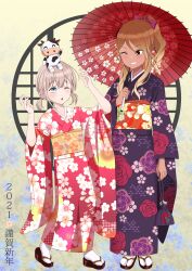2021 2girls absurdres alternate_hairstyle black_eyes blonde_hair blue_eyes blush brown_hair chinese_zodiac cow dark-skinned_female dark_skin flower grey_hair gyaru hair_ornament highres holding holding_umbrella idolmaster idolmaster_shiny_colors izumi_mei japanese_clothes kimono knr long_sleeves multicolored_hair multiple_girls new_year obi oil-paper_umbrella open_mouth print_kimono purple_kimono red_kimono sandals sash serizawa_asahi short_hair smile tabi umbrella year_of_the_ox