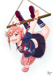 1girl ahoge akashieru bdsm black_skirt black_socks blue_shirt bondage bound clothes_writing crescent crescent_hair_ornament crying frilled_skirt frills hair_ornament highres kantai_collection long_hair low-tied_long_hair official_alternate_costume panties pink_hair rabbit_hair_ornament red_eyes shirt simple_background skirt socks striped_clothes striped_panties suspension t-shirt underwear uzuki_(kancolle) uzuki_(saury_festival)_(kancolle) wavy_mouth white_background