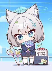 1girl animal_ear_fluff animal_ears aqua_scarf balloon black_shoes black_skirt blazer blue_archive blue_eyes blue_halo blue_jacket blue_sky blush bouquet cake chibi cloud commentary_request confetti cross_hair_ornament dated day double-parted_bangs flower food full_body gloves green_gloves grey_hair hair_between_eyes hair_ornament halo happy_birthday heart_balloon highres holding holding_bouquet illust_sucong jacket kneehighs korean_commentary letter looking_at_viewer outdoors outline plaid_clothes plaid_skirt pleated_skirt scarf shiroko_(blue_archive) shoes single_glove skirt sky smile socks solo standing striped_clothes striped_scarf white_outline white_socks wolf_ears