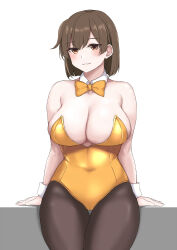 1girl absurdres alternate_costume black_pantyhose bow bowtie breasts brown_eyes brown_hair cameltoe covered_navel highleg highleg_leotard highres hiryuu_(kancolle) jiangyou_dang kantai_collection large_breasts leotard pantyhose short_hair side_ponytail smile solo traditional_bowtie white_wrist_cuffs wrist_cuffs yellow_bow yellow_bowtie yellow_leotard