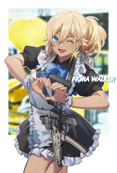 1girl alternate_costume apron black_dress blonde_hair blue_bow blue_bowtie blue_eyes bow bowtie character_name commentary dark-skinned_female dark_skin dress ear_piercing earrings english_commentary enmaided gun heart heart_hands highres jewelry maid maid_day one_eye_closed open_mouth original piercing pp-19-01_vityaz rff_(3_percent) smile solo submachine_gun weapon white_apron