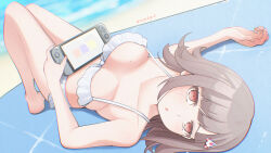 1girl :o bare_shoulders bikini blush breasts brown_hair collarbone danganronpa_(series) danganronpa_2:_goodbye_despair hair_ornament handheld_game_console highres holding holding_handheld_game_console knees_up large_breasts looking_at_viewer lying medium_hair nanami_chiaki nintendo_switch on_back pink_eyes scopedog_12 solo swimsuit white_bikini