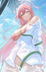 1girl absurdres ahoge bare_shoulders between_breasts between_thighs bikini blue_archive blue_sky blush bow braid breasts cloud cloudy_sky collared_shirt covered_erect_nipples day from_below green_eyes grin hair_between_eyes hair_bow halo hanako_(blue_archive) hanako_(swimsuit)_(blue_archive) highres hose large_breasts long_hair long_sleeves no_panties ogura_toast outdoors palm_tree pink_bikini pink_hair pink_halo shirt sky smile solo swimsuit thighs tree water white_bow white_shirt