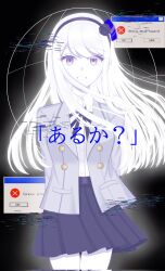 1girl arms_behind_back black_bow bow error_message female_focus glitch gradient_background highres jacket japanese_text kashimiya_karua long_hair looking_at_viewer open_mouth purple_eyes purple_skirt simple_background skirt solo solo_focus teeth the_hundred_line_-last_defense_academy- white_hair white_jacket