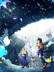 2boys 2girls arven_(pokemon) backpack bag black_socks brown_bag brown_hair brown_shoes florian_(pokemon) from_below garganacl glimmet glimmora hat highres holding_strap iron_bundle iron_hands_(pokemon) iron_jugulis iron_treads multiple_boys multiple_girls nemona_(pokemon) nintendo penny_(pokemon) pokemon pokemon_(creature) pokemon_sv purple_shorts school_uniform selyg15 shirt shoes short_hair short_sleeves shorts socks standing