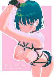 1girl aqua_hair armpit_crease arms_up averting_eyes bdsm between_breasts blush bondage bondage_cuffs border bound bound_wrists breasts closed_mouth collar cowboy_shot english_text fubuki_(one-punch_man) harness highres large_breasts leaning_forward looking_to_the_side medium_hair navel nipples one-punch_man outline pink_background puffy_nipples rapa_rachi revealing_clothes simple_background slave solo thighs twitter_username white_border white_outline