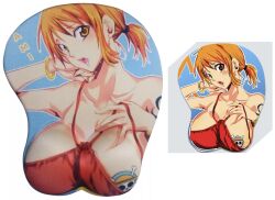 Rule 34 | 1girl, alternate costume, arm tattoo, artist request, bikini, blue background, blush, bracelet, breast tattoo, breasts, character name, convenient censoring, cropped, hand on own chest, jewelry, large breasts, mousepad, nami (one piece), noise, nosie, one breast out, one piece, open mouth, orange eyes, orange hair, red bikini, screencap, surprised, swimsuit, tattoo, third-party edit