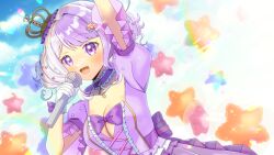 Rule 34 | 1girl, :d, arm up, blue sky, breasts, cleavage, cloud, cloudy sky, collarbone, commentary request, commission, copyright request, crown, day, dress, holding, holding microphone, kou hiyoyo, medium breasts, microphone, mini crown, multicolored hair, open mouth, puffy short sleeves, puffy sleeves, purple dress, purple eyes, purple hair, short sleeves, skeb commission, sky, smile, solo, star balloon, tilted headwear, two-tone hair, virtual youtuber