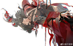1boy black_hair black_hanfu bleeding blood blood_on_clothes blood_on_face blood_on_neck blood_spray bloody_weapon chinese_clothes chinese_commentary coat creature dao_gui_yi_xian floating floating_hair hair_bun hair_ribbon hanfu highres impaled injury li_huowang li_sui_(tentacles) light_particles long_hair long_sleeves lying male_focus on_back open_clothes open_coat parted_lips red_coat red_eyes red_ribbon ribbon robe simple_background single_hair_bun solo stab sword tentacles tentacles_under_clothes upper_body watermark weapon weibo_watermark white_background wide_sleeves yongbaochise