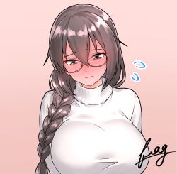 Rule 34 | 1girl, alternate hairstyle, artist name, braid, breasts, brown hair, commentary request, embarrassed, furaggu (frag 0416), glasses, highres, kantai collection, large breasts, long hair, nagato (kancolle), pink background, portrait, red eyes, semi-rimless eyewear, single braid, solo, sweater, turtleneck, turtleneck sweater, under-rim eyewear, watermark, white sweater