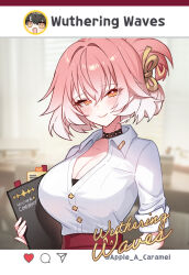 Rule 34 | 1girl, alternate costume, alternate hairstyle, apple caramel, black choker, blush, breasts, changli (wuthering waves), choker, cleavage, clipboard, closed mouth, collared shirt, commentary, copyright name, english commentary, hair between eyes, hair ornament, holding, holding clipboard, large breasts, looking at viewer, multicolored hair, orange eyes, pink hair, rover (wuthering waves), shirt, short hair, smile, solo, two-tone hair, upper body, white hair, wuthering waves