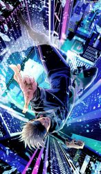 1boy black_jacket black_pants black_shoes blindfold building chabyaku_(katara7707) city covered_eyes crossed_fingers facing_viewer falling fighting_stance full_body gojou_satoru grin highres jacket jujutsu_kaisen long_sleeves male_focus outdoors outstretched_arm pants shoes short_hair smile solo white_hair
