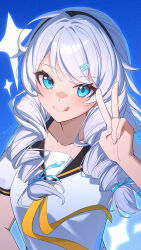 Rule 34 | 1girl, :q, benghuai xueyuan, black hairband, black sailor collar, blue background, blue eyes, braid, breasts, closed mouth, collarbone, commentary request, grey hair, hair ornament, hairband, hairclip, hand up, highres, honkai (series), kiana kaslana, long hair, looking at viewer, low twin braids, neckerchief, sailor collar, shirt, small breasts, smile, so zei tama tama, solo, tongue, tongue out, twin braids, upper body, v, white shirt, yellow neckerchief