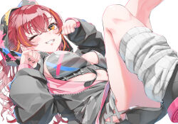 1girl :3 absurdres animal_hood black_nails bra cat_hood grin hair_between_eyes highres hood hood_up knee_up leg_up loose_socks lying nekota_tsuna nekota_tsuna_(1st_costume) oa_(or_12o) on_back one_eye_closed orange_eyes partially_open_jacket paw_pose red_hair simple_background smile socks solo striped_bra striped_clothes underwear virtual_youtuber vspo! white_background white_socks
