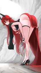 1girl ass bare_legs bent_over black_jacket blush breasts closed_mouth clothing_cutout dress eong-geum-eong-geum evening_gown fingerless_gloves gloves goddess_of_victory:_nikke high_heels horns huge_ass huge_breasts jacket jacket_on_shoulders large_breasts long_hair looking_back mechanical_horns official_alternate_costume one_eye_closed red_dress red_hair red_hood_(nikke) red_hood_(nonsense_red)_(nikke) skindentation sleeveless sleeveless_dress thick_thighs thigh_strap thighs underboob underboob_cutout very_long_hair yellow_eyes