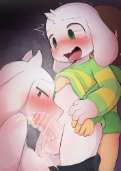 1boy 1girl 1other absurdres after_fellatio age_difference ambiguous_gender animal_ears asriel_dreemurr bar_censor blush body_fur bottomless breasts brothers brown_hair censored chara_(undertale) clothes_lift clothes_pull crying crying_with_eyes_open cum cum_on_body cum_on_breasts cum_on_upper_body cumdrip ejaculation erection fang foreskin furry furry_female furry_male furry_with_furry furry_with_non-furry goat_ears goat_horns green_eyes half-closed_eyes heart heart_in_eye highres horns incest interspecies large_breasts large_penis lifting_another&#039;s_clothes long_sleeves mother_and_son open_mouth pants pants_pull penis precum profile projectile_cum purple_eyes saliva shirt shirt_lift shota siblings sideboob skin_fang standing striped_clothes striped_shirt sweat symbol_in_eye tears testicles tongue tongue_out toriel undertale upper_body white_fur white_hair wide-eyed yaoi yousan_(pixiv540898)