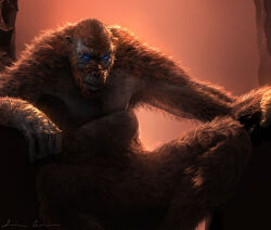ape bald blood blue_eyes crossover facepaint giant giant_monster glowing glowing_eyes godzilla_(series) godzilla_x_kong:_the_new_empire kaiju king_kong_(series) legendary_pictures luis_garcia monster monsterverse no_humans orangutan realistic sitting skar_king throne war_paint
