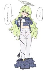 1girl absurdres armband bad_id bad_pixiv_id black_jacket black_tail blue_archive blue_armband clothes_pull commentary_request dorontabi full_body gloves green_hair halo highres hikari_(blue_archive) jacket long_hair looking_at_viewer open_clothes open_jacket panties pantyhose pointy_ears shoes simple_background skirt skirt_pull smile solo train_conductor translation_request underwear very_long_hair wavy_hair white_background white_gloves white_panties white_pantyhose yellow_eyes