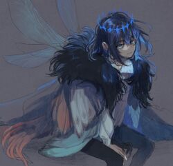 Rule 34 | 001e43 ee7800, 1boy, arthropod boy, black hair, blue eyes, cape, crown, diamond hairband, dragonfly wings, fate/grand order, fate (series), fur-trimmed cape, fur trim, grey background, insect wings, long sleeves, looking at viewer, male focus, medium hair, oberon (fate), oberon (third ascension) (fate), shirt, simple background, sitting, solo, white shirt, wings