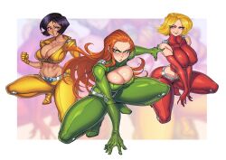 3girls absurdres adapted_costume alex_(totally_spies) bare_shoulders black_hair blonde_hair blue_eyes bodysuit breasts cleavage clover_(totally_spies) commentary commission dark-skinned_female dark_skin english_commentary gofa green_bodysuit green_eyes highres large_breasts long_hair metal_belt midriff multiple_girls open_mouth orange_hair red_bodysuit sam_(totally_spies) short_hair simple_background smile spread_legs totally_spies white_background yellow_bodysuit