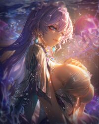 1girl blue_eyes breasts cantarella_(wuthering_waves) closed_mouth commentary earrings fingernails from_side hair_between_eyes hand_on_own_chest headdress highres huge_breasts jellyfish jewelry long_hair looking_ahead mole mole_under_eye nail_polish purple_hair purple_nails shrug_(clothing) solo turbulence upper_body very_long_hair white_shrug wuthering_waves