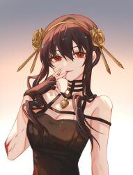 1girl bare_shoulders black_dress black_gloves black_hair blood blood_on_arm blood_on_face breasts chinese_commentary chromatic_aberration cleavage commentary_request dress fingerless_gloves fingernails gloves hair_between_eyes hair_over_shoulder hairband hand_to_own_mouth highres hotaru_gugugu large_breasts long_hair looking_at_viewer red_eyes sidelocks solo spy_x_family upper_body yellow_hairband yor_briar