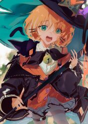 1girl absurdres animal animal_on_shoulder aqua_eyes aqua_hat bell black_bow black_bowtie black_cat black_hat black_jacket black_pantyhose blonde_hair bow bowtie broom cardigan cat cat_on_shoulder collared_shirt cowboy_shot frilled_shirt_collar frills green_bow grey_skirt hair_between_eyes hair_ornament hairclip hat hat_bow highres holding holding_broom jacket large_hat layered_clothes looking_at_viewer lucie_(millie_parfait) machi_mile00 millie_parfait millie_parfait_(1st_costume) neck_bell nijisanji nijisanji_en open_clothes open_jacket open_mouth orange_cardigan outdoors pantyhose shirt short_hair skirt smile solo thigh_strap two-tone_hat white_shirt witch witch_hat