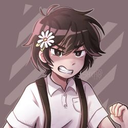 1boy antenna_hair artist_name basil_(faraway)_(omori) basil_(omori) black_eyes black_hair breast_pocket collared_shirt flower hair_flower hair_ornament highres looking_at_viewer omori parted_lips pocket prototype_design shirt short_hair short_sleeves shxro524 solo tearing_up teeth upper_body watermark white_shirt