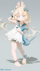 1girl blonde_hair blue_eyes blue_hair blue_sailor_collar closed_mouth dress fins fish_girl fish_tail full_body highres indie_virtual_youtuber long_hair looking_at_viewer low_twintails multicolored_hair neko_blow sailor_collar sameko_saba single_bare_foot solo standing streaked_hair stuffed_whale tail toes twintails white_dress