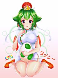 1girl absurdres blue_eyes breasts bunneex china_dress chinese_clothes commentary crown dress earrings egg english_commentary female_focus flats full_body green_hair hair_between_eyes hair_ribbon highres jewelry large_breasts mario_(series) mini_crown mushroom_earrings new_super_mario_bros._u_deluxe nintendo open_mouth red_footwear ribbon shiny_skin short_dress short_hair side_slit sitting solo super_crown taut_clothes taut_dress thigh_gap wariza white_dress yoshi