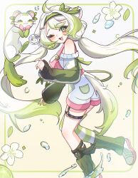 Rule 34 | 1girl, ahoge, animal ears, ass, asymmetrical legwear, blush, bow, bowtie, breasts, ferret, ferret ears, ferret girl, ferret tail, flower, gradient fur, gradient hair, gradient tail, green eyes, green fur, green hair, green sweater, green tail, hair between eyes, hairband, highres, laimu (vtuber), laimu (vtuber) (cozy), large breasts, limon (laimu), long hair, looking back, mismatched legwear, miwiichi, multicolored fur, multicolored hair, multicolored tail, o-ring, o-ring thigh strap, one eye closed, overalls, pink bow, pink bowtie, pink overalls, ribbon, simple background, single thighhigh, socks, suspenders, sweater, tail, thigh strap, thighhighs, turning head, twintails, two-tone fur, two-tone hair, two-tone tail, vinesauce, virtual youtuber, white fur, white hair, white sweater, white tail