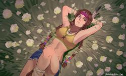 1girl arms_behind_head braid breasts brown_eyes brown_hair cleavage denim denim_skirt field flower flower_field hanny_(uirusu_chan) headdress highres jewelry julia_chang leg_up lips long_braid long_hair loose_socks low-tied_long_hair lying medium_breasts midriff miniskirt namco native_american native_american_headdress necklace on_back pendant skirt socks solo tekken toned twin_braids