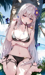 1girl arm_under_breasts barefoot beach bikini black_bikini blunt_bangs braid breasts bug butterfly butterfly_hair_ornament cleavage collarbone commentary_request day flower hair_flower hair_ornament insect large_breasts long_hair looking_at_viewer miyase_mahiro navel original outdoors palm_tree purple_eyes purple_flower solo swimsuit swimsuit_in_mouth thighs tree very_long_hair white_hair