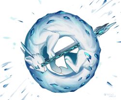 blood blue_blood blue_gemstone blue_sclera bright_pupils chien-pao colored_sclera curled_up fangs gem highres ice impaled nintendo no_humans pokemon pokemon_(creature) pokemon_focus polearm simple_background skin_fangs solo spear tianlang_fenghuo tusks twitter_username weapon white_background white_fur white_pupils