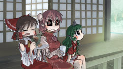 3girls ascot bandaged_arm bandages black_sclera bow brown_hair bun_cover chamaji chinese_clothes closed_eyes collared_shirt colored_sclera cup curly_hair detached_sleeves double_bun drinking_glass eating flower food frilled_bow frilled_shirt_collar frills green_hair hair_bow hair_bun hair_tubes hakurei_reimu highres horns ibaraki_kasen japanese_clothes kariyushi_shirt komano_aunn light_particles long_hair medium_hair miko multiple_girls nontraditional_miko open_mouth pink_eyes pink_flower pink_hair pink_rose red_shirt red_skirt rose shirt short_hair shorts sidelocks single_horn sitting skirt smile tabard touhou veranda wagashi wide_sleeves yellow_ascot youkan_(food)