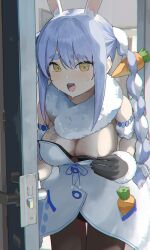 1girl animal_ear_fluff animal_ears bare_shoulders black_gloves black_leotard black_pantyhose blue_hair bow braid breasts carrot carrot_hair_ornament cleavage creature detached_sleeves don-chan_(usada_pekora) dress extra_ears food-themed_hair_ornament fur-trimmed_dress fur-trimmed_gloves fur_trim gloves hair_bow hair_ornament highres hololive large_breasts leotard leotard_under_clothes long_braid long_hair looking_at_viewer miya_illuster multicolored_hair open_mouth opening_door pantyhose pocket pom_pom_(clothes) puffy_detached_sleeves puffy_sleeves rabbit_ears rabbit_girl short_eyebrows sidelocks solo strapless strapless_leotard sweat thick_eyebrows twin_braids twintails two-tone_hair usada_pekora usada_pekora_(1st_costume) virtual_youtuber white_bow white_dress white_fur white_hair yellow_eyes
