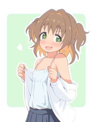 1girl :d bare_shoulders black_skirt blush border brown_hair camisole colored_inner_hair commentary fang flat_chest green_background hair_intakes highres long_sleeves looking_at_viewer multicolored_hair off_shoulder oka_asahi onii-chan_wa_oshimai! open_clothes open_mouth open_shirt orange_hair outline outside_border pleated_skirt shirt short_hair simple_background skirt smile solo spaghetti_strap two-tone_hair two_side_up undressing unkimo white_border white_camisole white_outline white_shirt