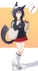 ! 1girl animal_ears bag black_hair black_hoodie blue_eyes ear_ornament eating eishin_flash_(umamusume) food full_body highres holding holding_food hood hoodie horse_ears horse_girl horse_tail nel-c red_skirt shoes short_hair shoulder_bag skirt sneakers socks solo spoken_exclamation_mark sweet_potato tail umamusume white_shoes white_socks