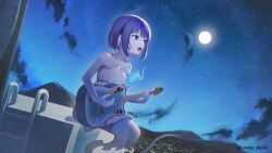 Rule 34 | 1girl, absurdres, acoustic guitar, bare arms, bare shoulders, blue eyes, blue fire, cityscape, collarbone, colored inner hair, commentary request, dress, earrings, fire, floating hair, full moon, ghost girl, ghost tail, guitar, hands up, highres, holding, holding guitar, holding instrument, indie utaite, instrument, jewelry, konkon tamashii, ladder, looking afar, moon, multicolored hair, music, night, night sky, open mouth, pink hair, playing guitar, playing instrument, purple hair, sg (under siiiiii), singing, sitting, sky, solo, twitter username, white dress