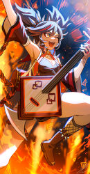 1girl ;d armpits black_hair breasts cleavage commentary_request dark-skinned_female dark_skin fingernails foot_up genshin_impact highres holding holding_instrument holding_lute instrument long_hair lute_(instrument) medium_breasts multicolored_hair one_eye_closed open_mouth red_hair shibuki_kamone signature smile solo streaked_hair teeth two_side_up upper_teeth_only very_long_hair xinyan_(genshin_impact) yellow_eyes