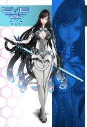 artist_name black_hair breasts cleavage_cutout clothing_cutout eunssr full_body highres holding holding_sword holding_weapon korean_text lips long_hair medium_breasts raven_(stellar_blade) speech_bubble stellar_blade swept_bangs sword weapon