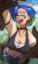 1girl absurdres armband bare_shoulders black_armband black_choker blue_hair bob_cut breasts brown_eyes choker cleavage collarbone commentary crop_top denim english_commentary finger_frame gradient_hair grey_shirt haysey highres jeans loose_hair_strand midriff multicolored_hair nintendo off-shoulder_shirt off_shoulder open_mouth pants perrin_(pokemon) pokemon pokemon_sv ribbed_shirt shirt short_hair sleeveless sleeveless_shirt smile solo teeth undershirt upper_teeth_only v-neck
