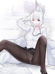 1girl absurdres animal_ears azur_lane black_pantyhose black_shoes fox_ears fox_girl fox_tail highres kaga_(azur_lane) kitsune kyuubi multiple_tails office office_lady panties pantyhose pantyshot samip shoes tail tripping underwear white_tail