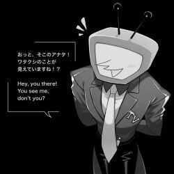 Rule 34 | 1boy, ant tenna, antennae, arms behind back, belt buckle, bilingual text, blush, buckle, collared shirt, crt, deltarune, greyscale, highres, hika mimix, male focus, mixed-language text, monochrome, necktie, notice lines, object head, pants, pointy nose, shirt, simple background, smile, solo, tailcoat