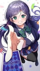 1girl absurdres artist_name black_shoes black_thighhighs blue_jacket blue_skirt breasts card commentary_request confetti foreshortening green_eyes green_ribbon grin hair_ornament hair_scrunchie hand_focus highres holding holding_card jacket kazepana large_breasts long_hair looking_at_viewer love_live! love_live!_school_idol_project low_twintails neck_ribbon otonokizaka_school_uniform purple_hair ribbon school_uniform scrunchie shirt shoes skirt smile solo thighhighs tojo_nozomi twintails twitter_username white_background white_shirt