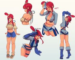 Rule 34 | 1girl, ;d, absurdres, arms up, ass, back, blue eyes, blue gloves, blue shorts, blush, bottle, breasts, cleavage, crop top, full body, gloves, grin, highres, holding, holding bottle, hot, interlocked fingers, large breasts, multiple views, navel, nintendo, one eye closed, one side up, open mouth, pokemon, pokemon bw, pokemon masters ex, raichiyo33, red hair, salute, sandals, shorts, simple background, skyla (pokemon), skyla (summer 2025) (pokemon), smile, stomach, stretching, suspenders, sweat, tan, tiptoes, water bottle, white background