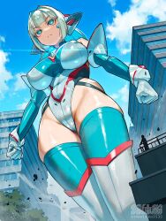 Rule 34 | 1boy, 1girl, bare shoulders, blue eyes, blue leotard, blue thighhighs, breasts, chest jewel, covered erect nipples, cowboy shot, giant, giantess, grey hair, large breasts, leotard, long hair, nikunopengin, original, outdoors, solo, solo focus, thighhighs