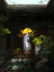 1other ambiguous_gender architecture coat covered_face e.g.o_(project_moon) east_asian_architecture facing_viewer flaw_eight flower folding_fan grey_coat hanbok hand_fan hand_up highres holding holding_fan indoors limbus_company pants project_moon rock solo spicebush_(e.g.o) standing white_hanbok white_pants wide_sleeves yellow_flower