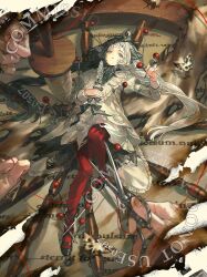 1girl black_hair black_ribbon commission dress english_text grey_eyes grey_hair highres juliet_sleeves long_sleeves lying multicolored_hair original parted_lips puffy_sleeves ribbon solo tacfigure teeth twintails two-tone_hair watermark white_dress